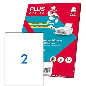 Plus Office - Zelfklevende witte etiketten om af te drukken, 100 vellen stickerpapier op A4 vellen voor inkjetprinters, laser en fotokopieerapparaat, 2 etiketten per vel (210 x 148 mm)