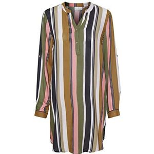 KAFFE Dames T-shirt, tuniek met oprolbare mouwen oversized lange blouse casual jurk, groen/roze streep print, 36