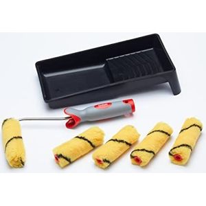 ProDec 7-delige geweven 4 inch miniverfrollers, softgrip frame en bakjesset voor een gladde afwerking van binnenmuren en plafonds met emulsieverven, 4