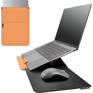 NOVOO RT14 4-in-1 laptopbeschermhoes, waterdichte leren hoes met magnetische afdekking, laptopstandaard, kaartvakken, muismat, compatibel met MacBook Air/Pro 14 inch-Oranje