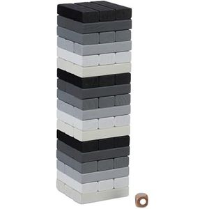 Relaxdays vallende toren, met 54 houten blokjes & dobbelsteen, behendigheidsspel, HBD: 26,5x7,5x7,5 cm, zwart/wit/grijs