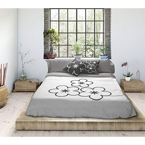 Tsuki Daisy dekbedovertrek, katoen, wit, grijs, voor bedden met een breedte van 180 cm