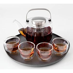 Bjorn, Glazen theeset: theepot met zeefje, 4 kleine theekopjes van borosilicaatglas en grijs dienblad, vaatwasmachinebestendig, drupvrij, 0,75L
