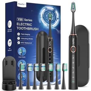 Elektrische tandenborstel voor volwassenen en kinderen, ultrasone tandenborstel, elektrische tandenborstel met 8 borstelkoppen, 90 dagen batterijduur, 5 modi, 50.000VPM, reisetui, timer (zwart)