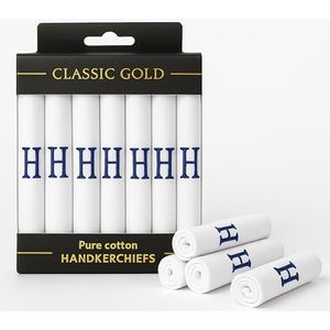 DUDU N GIRLIE 7 Pack van heren/heren wit satijn omrand zakdoeken met & blauwe geborduurde initialen, H, One Size