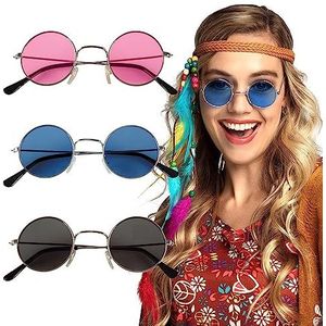 Boland - Feestbril in set, 3 stuks, bril voor volwassenen, Hippie bril, zonder sterkte, zonnebril, Foute party outfit, accessoires voor carnavalskostuums