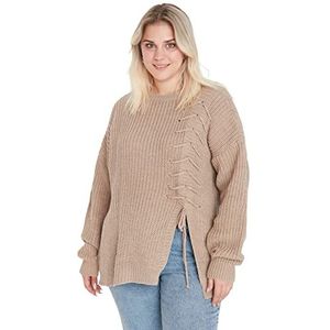 Trendyol Vrouwen Plus Size Relaxed Double-Breasted Crew Neck Knitwear Plus Size Jumper, Beige, 3XL grote maten