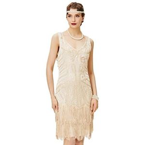 BABEYOND Damesjurk in jaren ’20-retrostijl, flapper, ronde hals, met stijlvolle pailletten, in de stijl van The Great Gatsby, feestjurk, verkleedjurk, beige, S