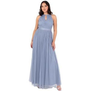 Anaya with Love Maxi-jurk voor dames, mouwloos, haltertop, sleutelgat, sjerp, ceintuur, tule, A-lijn, bruidsmeisje, bruiloft, gast, gala, avond, leiblauw, 50