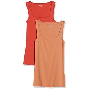 Amazon Essentials Tanktop voor dames, slimfit, vierkante hals, 2 stuks, baksteenrood/licht karamel, M