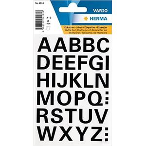HERMA 4163 letterstickers A - Z, weerbestenddig (lettergrootte 15 mm, 1 vellen, folie) zelfklevend, permanente klevende alfabet sticker, 36 etiketten, transparant/zwart