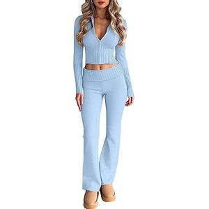 LILLUSORY 2-delige gebreide sets, trendy nauwsluitende sweatsuit met capuchon voor dames, Lichtblauw, XL