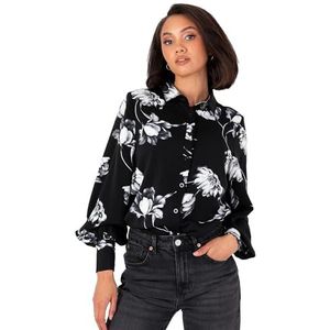 Lovedrobe Dames Oversized Shirt Dames Satijnen Blouse Top Button-Up Lange Mouw Bloemenprint Monochroom Smart Casual Kantoorkleding, Zwart 20, Zwart, 46