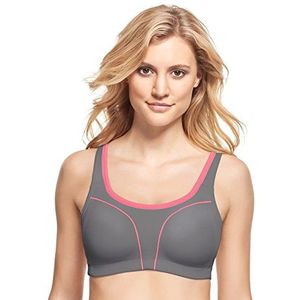 SUSA Sportbeha voor dames, hoge ondersteuning, damesbeha zonder beugel met voorgevormde cups, sportcrop top beha met grijze rand, sterke grip, zweetbestendig, grijs (grijs-koraal 323), 70A