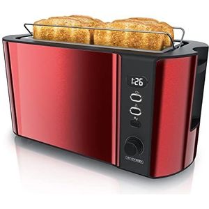 Arendo - Roestvrijstalen broodrooster met lange sleuf, 4 sneden - ontdooifunctie, warmte-isolerende behuizing, met geïntegreerd opzetstuk voor broodjes, 1500 W, kruimellade, display met resterende