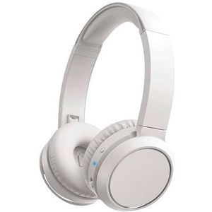 Witte micro-bluetooth-headset met geluid, touch-bediening en draadloze verbinding voor muziek en oproepen.