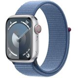 Apple Watch Series 9 (GPS + Cellular 41 mm) Smartwatch - Kast van zilver aluminium - Winterblauw geweven sportbandje. Conditie bijhouden, Saturatie-app en Ecg-app, CO₂- neutraal
