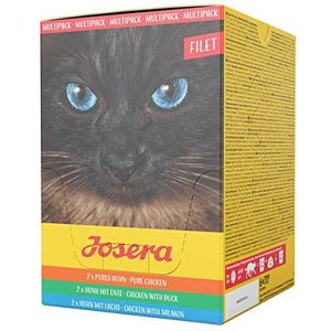 JOSERA Multipack Filet, vrij van gedierte kattenvoer, puur kip, kip met eend en kip met zalm, super premium natte voeding voor volwassenen katten, verpakking van 6 stuks (6 x 70 g)