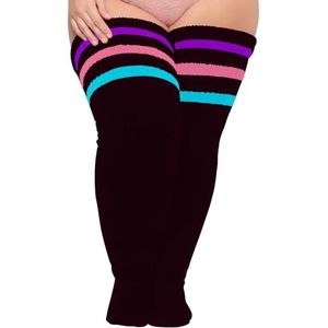 Moon Wood Vrouwen Plus Size Dij Hoge Sokken Extra Lange Gestreepte Dikke Over De Knie Sokken Been Warmer Boot Kousen One size Zwart & Regenboog