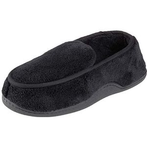 isotoner Badstof mocassin pantoffels voor heren, met traagschuim, voor comfort binnen en buiten, Zwart, 8-9