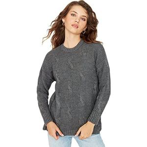 Trendyol Dames Crew Neck Kabel Knit Regular Sweater Sweater, Antraciet, S, Antraciet, S