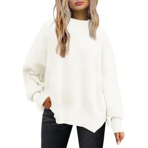 LILLUSORY Damestrui met ronde hals, vleermuis, lange mouwen, oversized, geribbeld, zijsplit, Wit/weelderige tuin, S