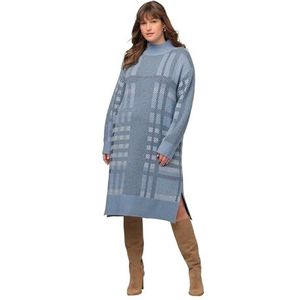 Ulla Popken Gebreide damesjurk, opstaande kraag, geruite jurken, lichtblauw, 46/48 Grote maten