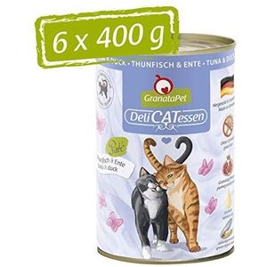 GranataPet DeliCatessen tonijn & eend, natte voer voor je kat, voedsel voor katten zonder granen en zonder toegevoegde suikers, lekker en gezond voer voor gourmets, 6 x 400 g blikken