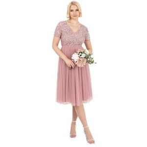 Maya Deluxe Dames verfraaide midi-avondjurk dames V-hals met korte mouw voor prom bruiloft bruidsmeisje, vintage roze, 26, Vintage Roos, 52
