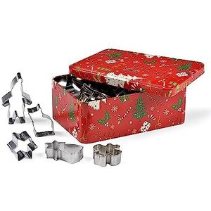 patisse 13720 – rode metalen doos met kerstboomprint met 25 verschillende roestvrijstalen snijders of koekjesvormen voor Kerstmis – boom, kabouter, engel, ster, gingerman, gerstsuiker, 20 x 14 x 7,5