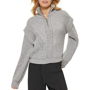 DKNY Dames Quarter Zip Cable Knit Long Sleeve Sweater, Flint Heather, L