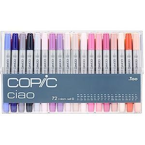 COPIC Ciao Marker Set B met 72 kleuren, all-round layout marker, op alcoholbasis, in praktische acryl display voor opslag en gemakkelijke verwijdering.