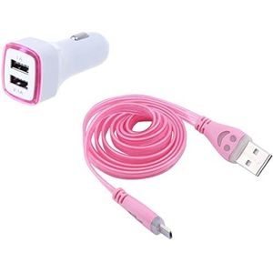 Set autolader voor Asus Zenfone Max Pro Smartphone Micro-USB-kabel Smiley + Dual Adapter LED sigarettenaansteker (roze)