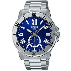 Casio Heren horloge analoge blauwe wijzerplaat roestvrij stalen band MTP-VD200D-2BUDF, zilver, armband, ZILVER, armband