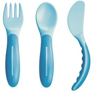 MAM Baby's Cutlery Bestekset, antislip, met vork, lepel en mes, 6+ maanden, lichtblauw