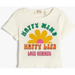 Koton Girls's Crop Korte Mouw Crew Neck Gedrukt Ribbed T-shirt, ecru (010), 7-8 Jaar