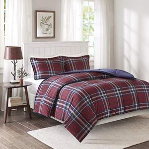 Madison Park Essentials Plaid Trooster, bijpassende Sham, 3M Scotchguard Stain Release Cover, hypoallergeen beddengoed voor alle seizoenen polyester, rood, limoenkoning