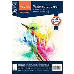 VARTA Vaessen Creative Florence Aquarellpapier A4 in Weiß, aus 300 g/m² Glattem Papier, 10 Blatt für Aquarellmalerei, Handbelettering und Brush Lettering, Glad 300gsm