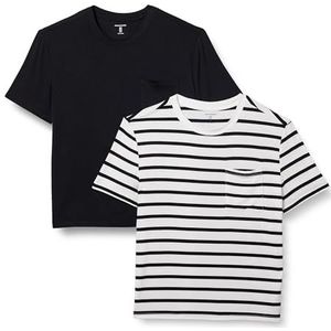 Amazon Essentials Dames jersey Relaxed-Fit T-shirt met korte mouwen en ronde hals, 2 stuks, zwart/wit Franse streep, S