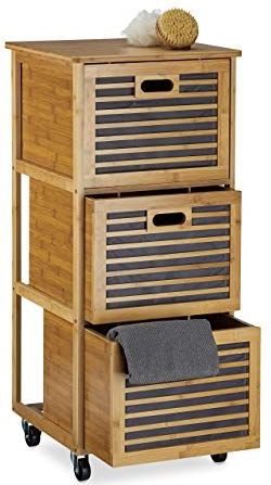 Relaxdays badkamer trolley, 3 lades, bamboe, ladekast op wielen, hout, hoog, stabiel, HxBxD 92 x 41 x 41 cm, natuur