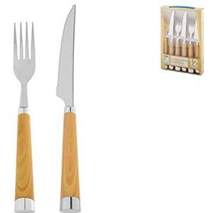 Home Bestekset met 6 vorken en 6 messen, handvat van pvc-hout, keukengerei, roestvrij staal, bruin, 12-delig