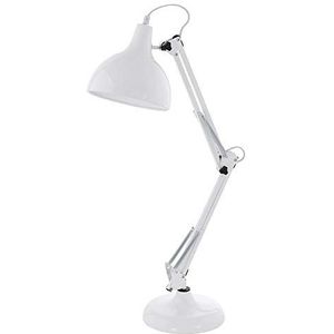 EGLO Tafellamp Borgillio, 1-lichts vintage bureaulamp in industrieel design, bedlampje van staal, kleur: wit, fitting: E27, incl. schakelaar