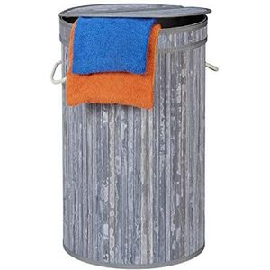 Relaxdays wasmand bamboe - ronde wasbox met deksel - 63 x 40 cm - 65 liter - grijs