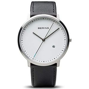 Bering Heren analoog kwarts horloge met lederen armband 1139-404, Zwart/Wit