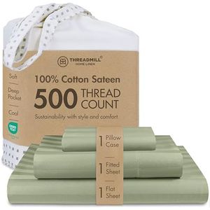 Threadmill Home Linen Twin-XL vellen - 500 draaddichtheid damastweefsel, 3-delige extra lange nietjes katoenen lakenset, ademende gestreepte saliegroene lakens met elastische diepe zak