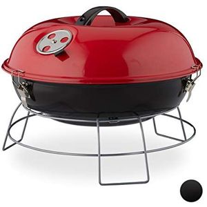 Relaxdays kogelbarbecue draagbaar, met deksel, fijne bbq, picknickbarbecue groot oppervlak, houtskolen, Ø36cm, rood