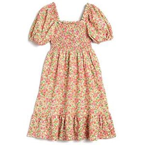 Koton Meisjesjurk, midi-bloemenprint, pofmouwen, omzoomde detailjurk, Roze design (2d7), 5-6 jaar