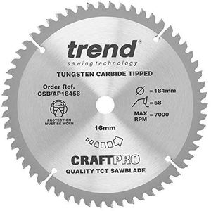 Trend CraftPro TCT-cirkelzaagblad voor werkbladen in aluminium en kunststof, 184 mm diameter x 58 tanden, 16 mm asgat, wolfraamcarbide getipt, CSB/AP18458