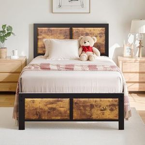 VECELO Bedframe 90 x 200 cm, metalen bed met dik hoofdeinde en lattenbodem, modern logeerbed tienerbed met opbergruimte onder het bed, perfect voor slaapkamer, bruin