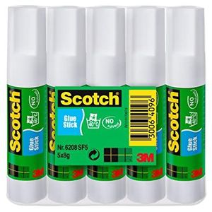Scotch Permanente lijmstift, 1 verpakking met 5 lijmsticks zonder oplosmiddel, 8 g per stick, multifunctionele lijmstift voor thuis, op school of op kantoor